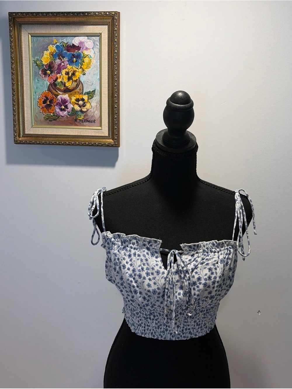 Floral Smocked Crop Top Tie Strap Milkmaid Blue White Coquette Romantic Cottage